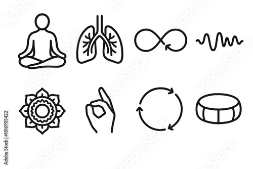 Yoga Pranayama Icons. Pranayama Practice linear icon set: yoga pose, lungs symbol, infinity breath loop, sound wave, mandala, hand mudra, circle of air, meditation cushion