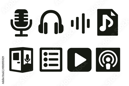Podcast Icon Set. Podcast Series silhouette icon set: microphone, headphones, sound waves, audio file, recording booth, episode list, play icon, podcast cover