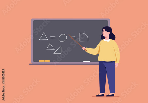 Flat illustration of female teacher giving a geometry lesson, pointing at shapes on the chalkboard, representing education, academic training, and mathematics concepts.