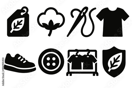 Ethical Fashion Icons. Ethical Fashion silhouette icon set: eco label, organic cotton, needle and thread, sustainable t-shirt, shoe, button, wardrobe rack, leaf emblem