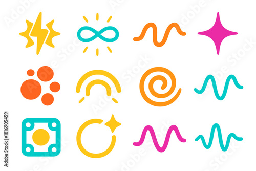 Vibrant Energy Icons. Dynamic Energy flat icon set: charged flare, radiant loop, flowing power stripe, kinetic burst symbol, energy cluster bead, bright pulse arc, thermal swirl