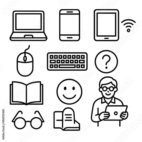 Digital Literacy Essentials. Digital Literacy for Seniors Basics linear icon set. laptop, smartphone, tablet, Wi-Fi symbol, mouse, keyboard, help icon, reading glasses