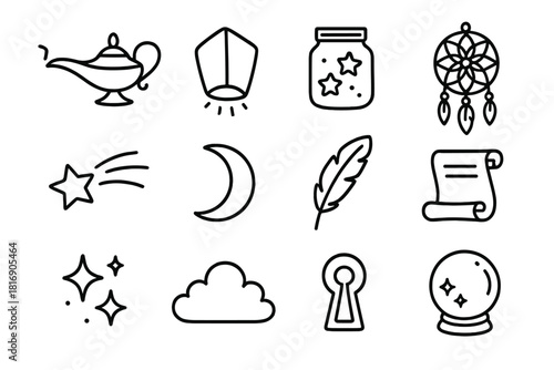 Magical Icon Set. Magical Wishes Set linear icon set. genie lamp, floating lantern, star jar, dreamcatcher, shooting star, moon, feather, scroll, sparkles, cloud, keyhole, crystal