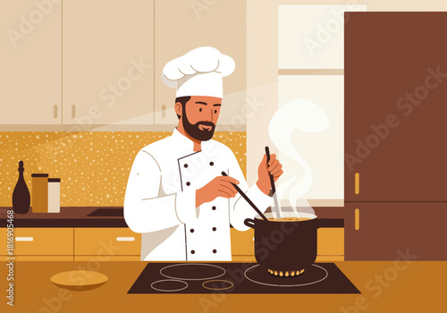 Bearded Male Chef Stirring Steaming Pot in Modern Kitchen. Professional Cook Preparing Gourmet Food or Soup. Flat Vector Restaurant Service, Culinary Art, and Home Cooking Illustration.