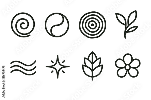 Nature-Inspired Design Icons. Nature-inspired creativity symbols linear icon set: organic swirl, harmony circle, growth ring, natural motif, gentle wave, inspiration spark, layered