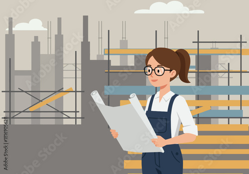 Confident female engineer or architect reviewing blueprints at a construction site. Professional woman planning urban development project vector illustration.