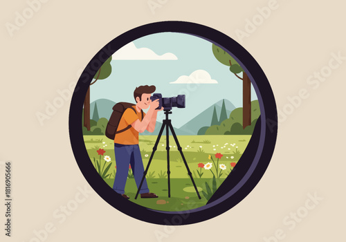 Vector Illustration of Hiker Photographer Taking Landscape Photos in Nature. Man with Backpack Using Professional Camera on Tripod in Wild Field.