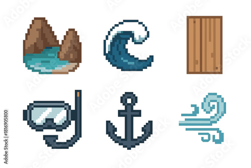 Coastal Pixel Icons. Coastal Activity Elements pixel style icon set: rocky cove, seafoam curl, boardwalk plank, snorkeling mask, anchor symbol, coastal breeze swirl