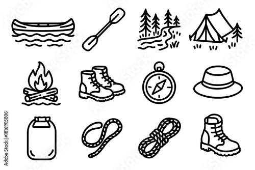 Canoe Exploration Icons. River Canoe Adventure linear icon set: wooden canoe, double paddle, flowing water, waves, forest riverbank, tent, campfire, boots, compass, hat, dry bag