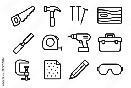 Woodworking Tools Icons. DIY Woodworking Projects Icons linear icon set. saw, hammer, nails, wood plank, chisel, tape measure, drill, toolbox, clamp, sandpaper, pencil, safety