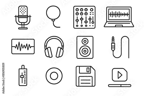 Music Production Icons. Studio Song Creation linear icon set. condenser microphone, pop filter, mixing board, laptop with DAW, headphones, monitor speakers, waveform display, audio