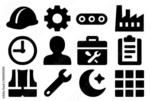 Brutalist Factory Icons. Factory Shift Work silhouette icon set: hard hat, gear, conveyor belt, factory building, clock, worker silhouette, toolbox, clipboard, safety vest, wrench