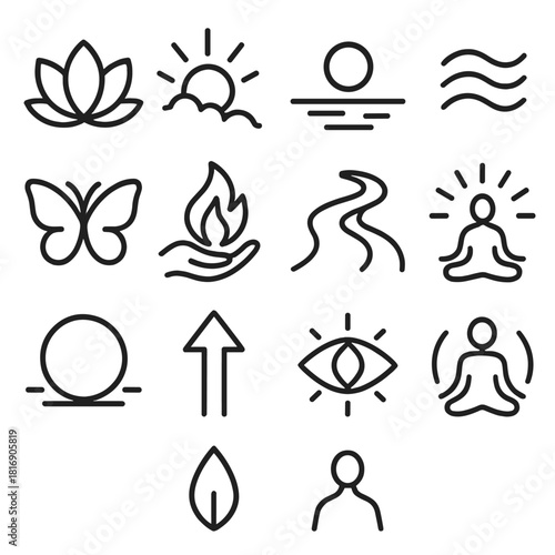 Spiritual Freedom Icons. Spiritual Freedom Icons linear icon set: open lotus, ascending light, peaceful horizon, clarity breath wave, unbound spirit symbol, inner release flame