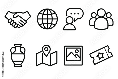 Cultural Exchange Icons. Cultural Exchange linear icon set. handshake, globe, speech bubble, people group, souvenir, map, photo, ticket