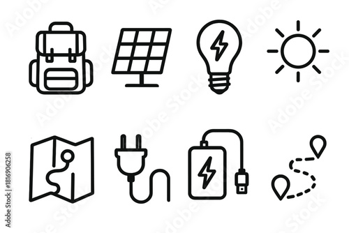 Eco-Friendly Travel Icons. Sustainable Solar Travel linear icon set: backpack, portable panel, light bulb, map, plug, sun icon, charger, path