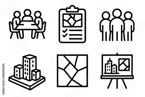 Urban Planning Icons. Community Planning linear icon set. meeting table, clipboard, people icons, city model, zoning map, presentation board