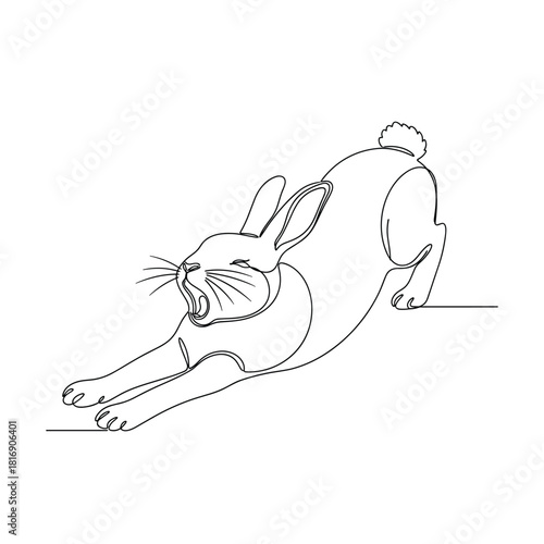 Expressive line art drawing of a rabbit yawning and stretching with energy