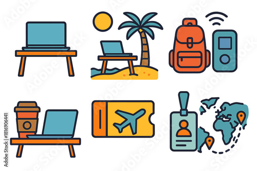 Digital Nomad Icons. Digital Nomad Life flat icon set: laptop on desk icon, beach workspace, travel backpack, mobile hotspot, coffee shop office, airplane ticket, coworking space