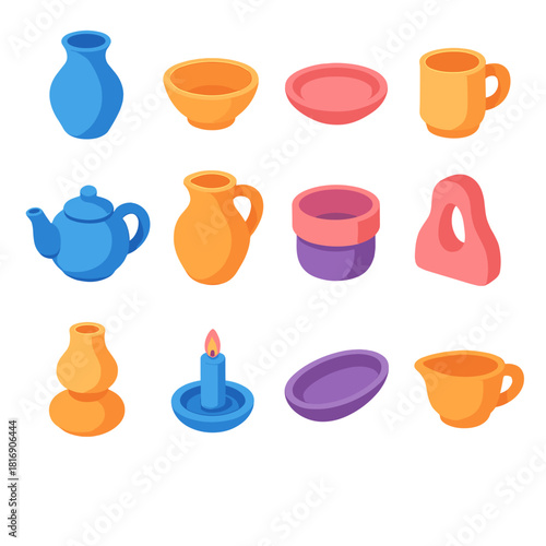 Colorful Clay Icon Set. Clay creations flat icons set. vase, bowl, plate, mug, teapot, jug, pitcher, planter, sculpture, lamp base, candle holder, dish