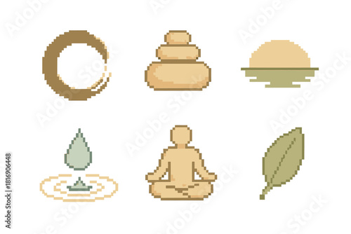 Zen Pixel Icon Set. Zen pixel style icon set: calm brush stroke, balanced stack, soft horizon arc, meditative seat, rippling droplet, tranquil leaf