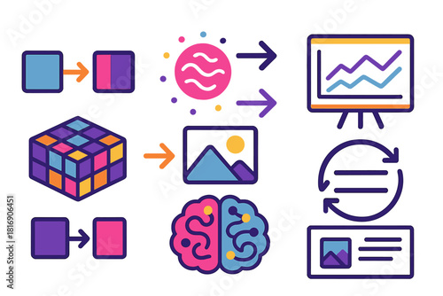 AI Network Diagram. Generative Neural Networks flat icons set. GAN structure diagram, noise input icon, generator-discriminator arrows, latent space grid, synthetic image node