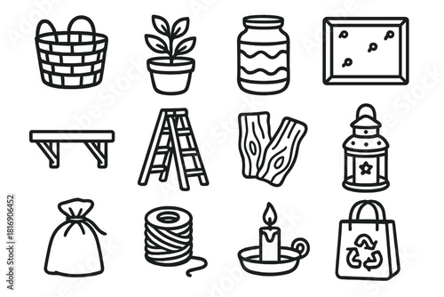Sustainable Home Icons. Sustainable Home Projects linear icon set: wicker basket, plant pot, painted jar, cork board, wooden shelf, old ladder, reclaimed wood, tin lantern, fabric