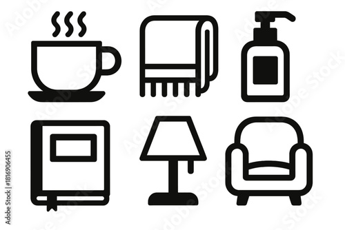 Brutalist Calm Icons. Daily Calm silhouette icon set. tea cup, soft towel, lotion bottle, journal, lamp, cozy chair