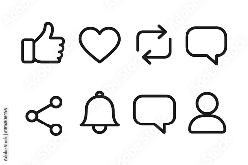 Social Media Icons. Engagement icons concept linear icon set: like thumb, heart, repost, chat, share, bell, message, follow icon