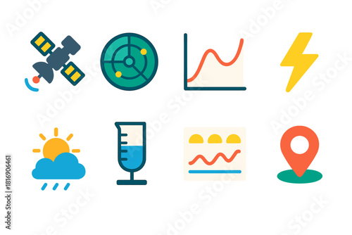 Colorful Weather Icons. Meteorology Tools flat icon set: satellite icon, radar screen, pressure chart, lightning symbol, sun and cloud, rain gauge, forecast chart, map pin