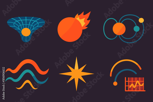 Cosmic Icon Set. Astronomical Forces flat icon set: gravity well, solar flare, magnetic field, orbiting planets, plasma wave, radiating star, timeline arc, data chart