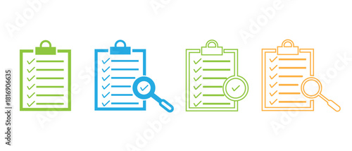 Checklist clipboards with magnifying glass and checkmark icons, isolated on white background.