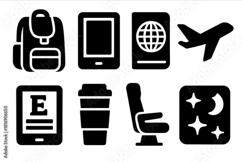 Brutalist Travel Icons. Reading on the Go silhouette icon set. backpack, tablet, passport, airplane, e-book icon, travel mug, seat, starry sky