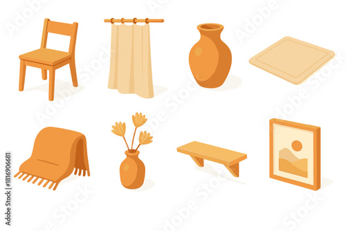 Scandinavian Decor Icons. Scandinavian Warmth flat icons set. wooden chair, linen curtain, ceramic vase, neutral rug, soft throw, dried flowers, wall shelf, framed print
