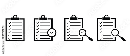 Clipboard checklist icons with checkmark and magnifying glass, isolated on white background.