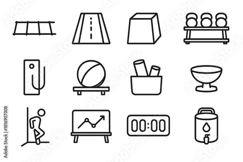 Training Space Icons. Training Space Icons linear icon set: agility ladder lane, turf strip, plyo box zone, kettlebell rack, resistance band hook, medicine ball shelf, foam roller