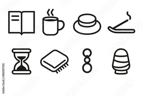 Emotional Grounding Icons. Emotional grounding tools linear icon set: journal page, warm mug, meditation cushion, incense stick, calming timer, soft blanket, focus bead, soothing