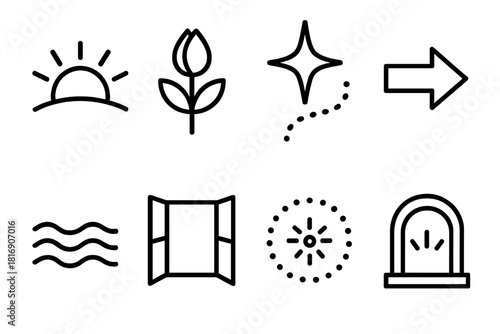Symbols of Hope. Hopeful Expectation Set linear icon set: sunrise arc, blooming bud, guiding star, dotted path, forward arrow, soft wave, open window, expectancy glow