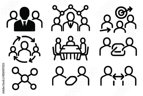 Unified Leadership Icons. Leadership Team linear icon set: group silhouette, leader highlight, connection nodes, collaboration arrows, shared goal icon, unity loop, meeting table