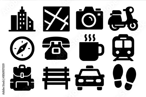 Brutalist Urban Icons. Urban Travel Icons silhouette icon set. skyline, street map, camera, scooter, compass, phone, coffee mug, metro, backpack, park bench, taxi, footsteps