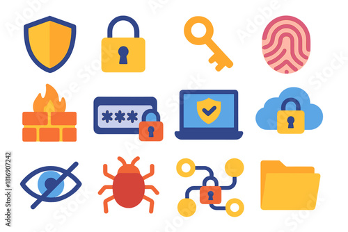 Digital Security Icons. Digital Protection set flat icon set: shield, lock, key, fingerprint, firewall, password, laptop, cloud security, eye with slash, virus icon, encryption