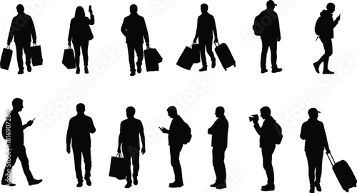 Silhouettes of diverse people walking, traveling, shopping, standing, and using mobile phones; illustrating modern urban lifestyle, airport travelers, and consumerism against a stark white background 