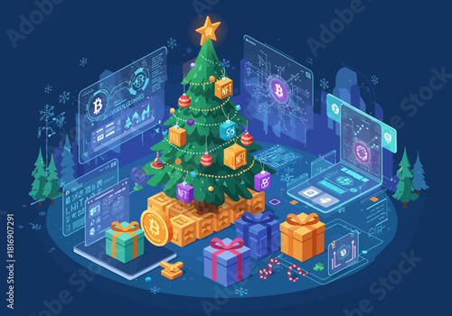 Cryptocurrency Christmas tree with gifts and holographic trading screens in an isometric vector illustration.