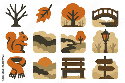 Autumn Forest Icons. Autumn mist forest silhouette icon set: bare tree, falling leaf, orange canopy, wooden bridge, squirrel, foggy valley, riverbank, lantern post, scarf, sunrise