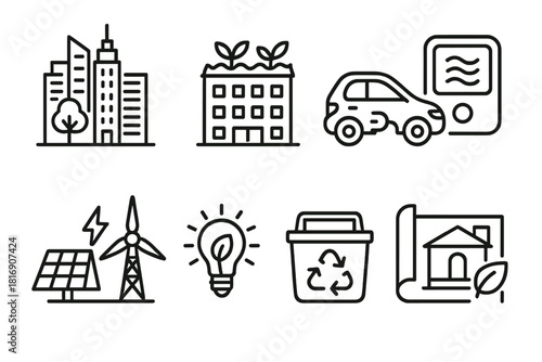 Urban Eco Innovation Icons. Urban Eco Innovation linear icon set: smart city skyline, green roof building, clean transport icon, air quality monitor, renewable grid connection, eco