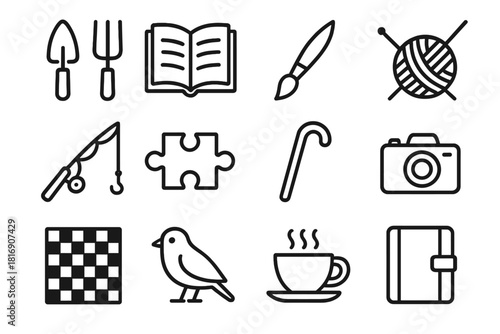 Retirement Hobbies Icons. Hobbies in retirement linear icon set: gardening tools, book, paintbrush, knitting yarn, fishing rod, puzzle piece, walking stick, camera, chess board