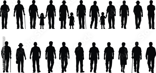 Silhouettes of Multi-Generational People: Diverse Group of Elderly Men and Women, Along with Small Children, Standing and Walking, Isolated on White for Architectural and Landscape Design Graphics
