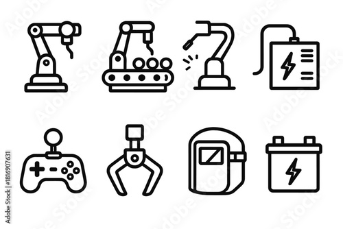 Industrial Robotics Icons. Industrial Robotics linear icon set: factory robot, assembly line, welding torch, power unit, joystick controller, mechanical claw, safety shield