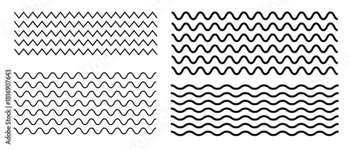 Set of various black wavy and zigzag lines, patterns, and borders isolated on white background.