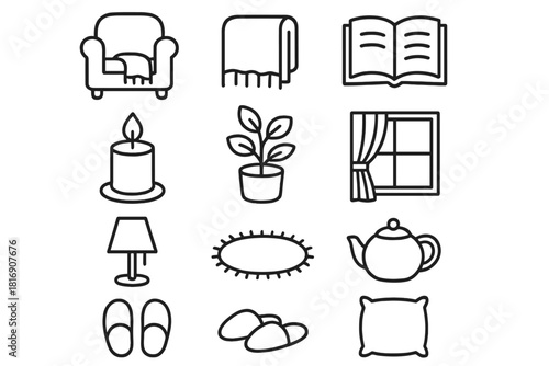 Cozy Home Icons. Peaceful home setting linear icon set: armchair, blanket, book, candle, plant, curtain, rug, lamp, teapot, slippers, window, cozy pillow