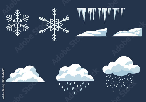 Vector illustration set of cold and rainy weather elements including snowflakes, icicles, and snow.